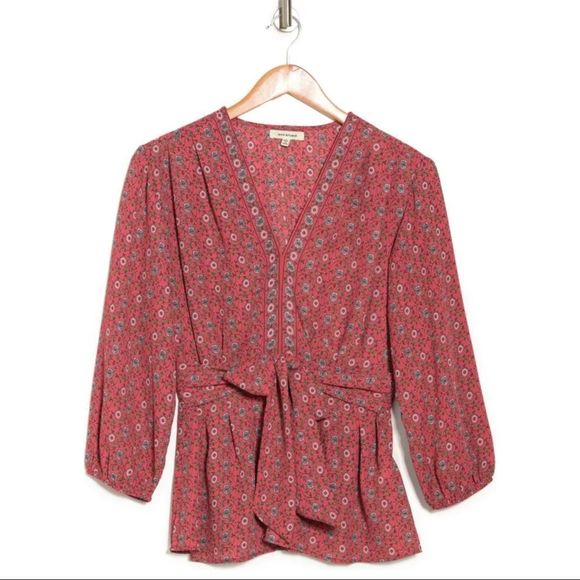 MAX STUDIO Crepe Quarter Sleeve Tie Front Blouse in ROSE/ BLUSH POPPY SCROLL - Picture 3 of 3